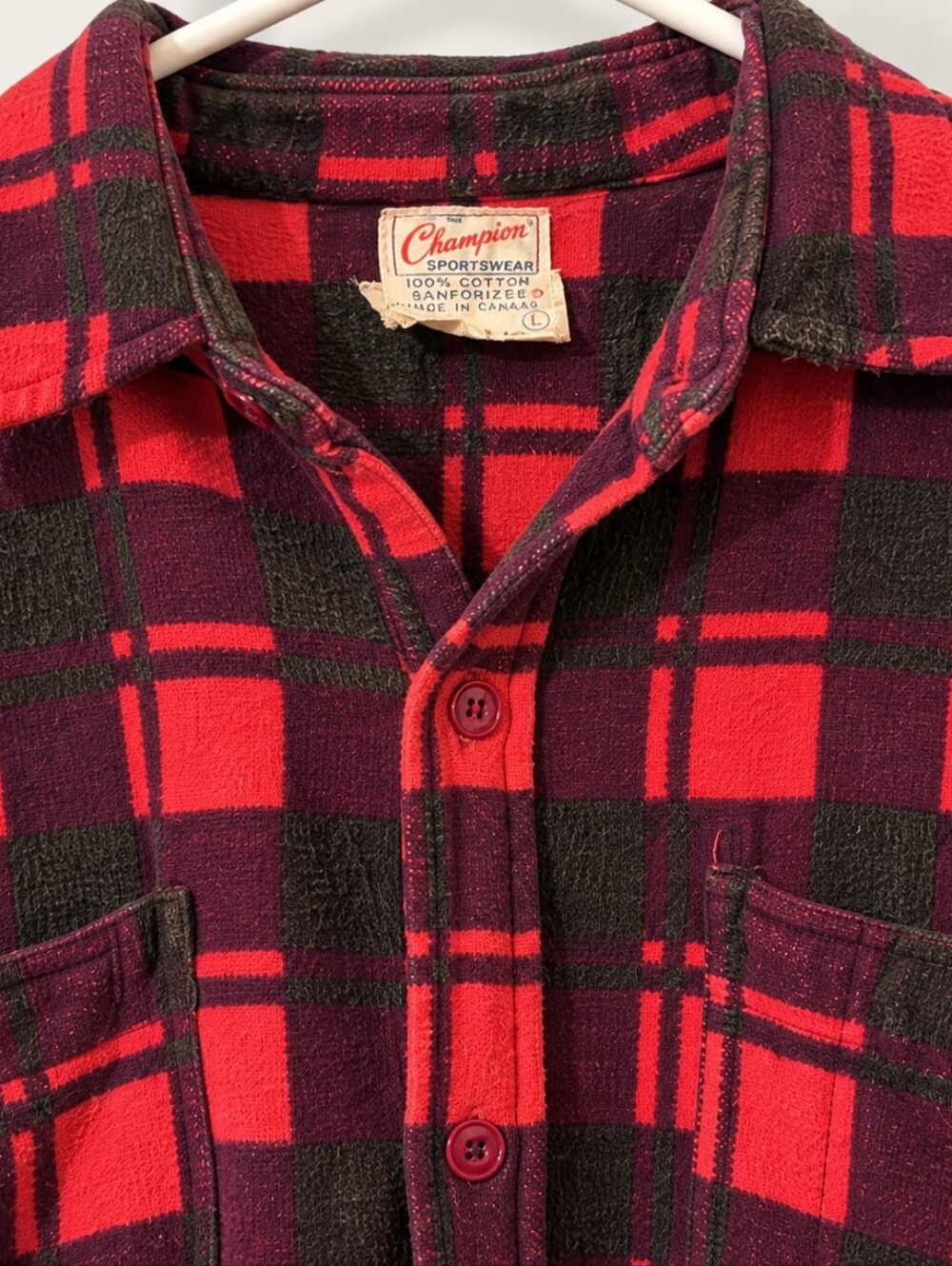 70s Champion Red/Green/Purple Plaid Flannel Shirt Jacket - Size L/XL